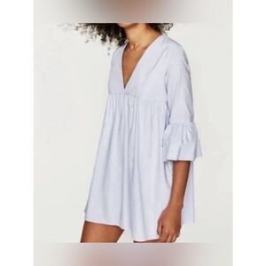 Zara Trafaluc Babydoll Romper Bell Sleeve V-Neck Pockets Playsuit Med Lt Blue